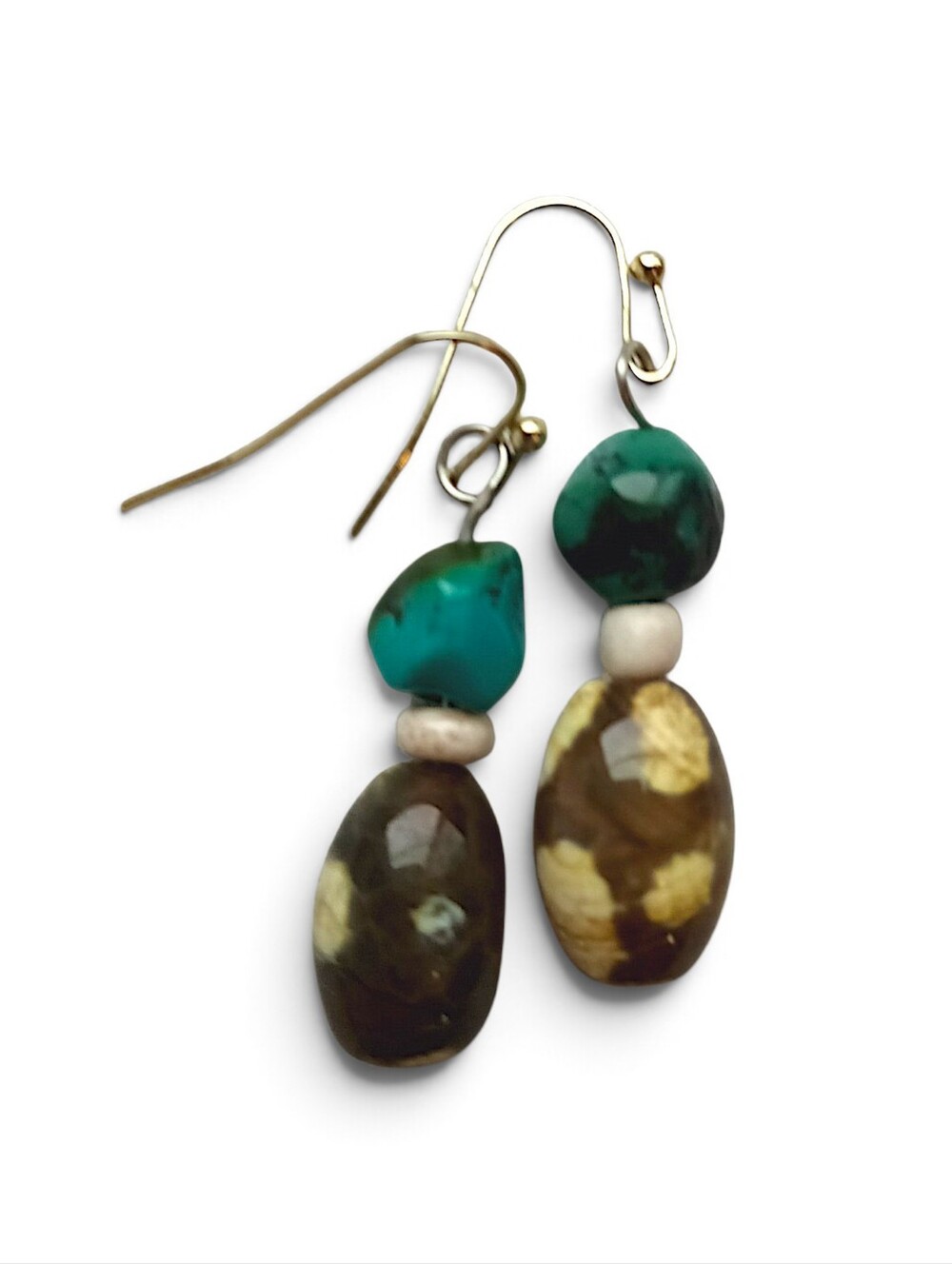 Handcrafted Green and Brown Bead Gemstone Drop Earrings African Turquoise Agate